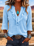Women'S Casual Western Style V-Neck Ruffled Cotton And Linen Top