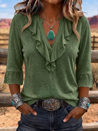 Women'S Casual Western Style V-Neck Ruffled Cotton And Linen Top