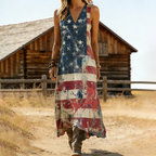 Women's Distressed American Flag Print V-Neck Sleeveless Maxi Dress