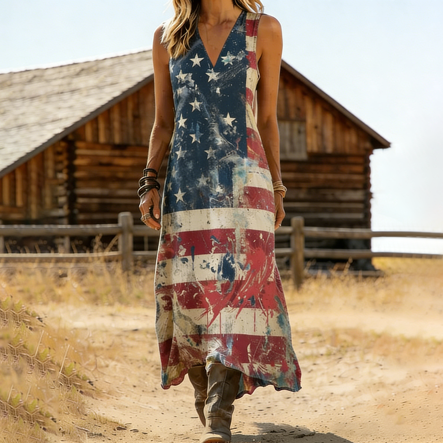 Women's Distressed American Flag Print V-Neck Sleeveless Maxi Dress