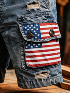 Men'S Independence Day USA Flag Print Denim-Like Cargo Shorts