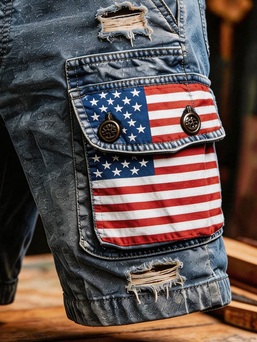 Men'S Independence Day USA Flag Print Denim-Like Cargo Shorts