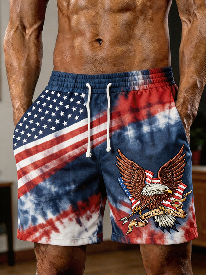 Men's Tie Dye Bald Eagle American Flag Print Shorts