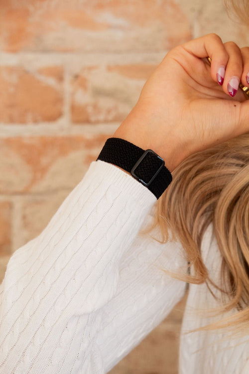 Black Thick Weaved Adjustable Elastic Watch Band