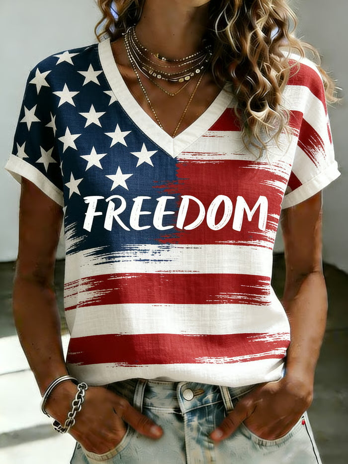 Ladies' Casual American 1776-2026 Anniversary Celebration Print V-Neck Short Sleeved Shirt