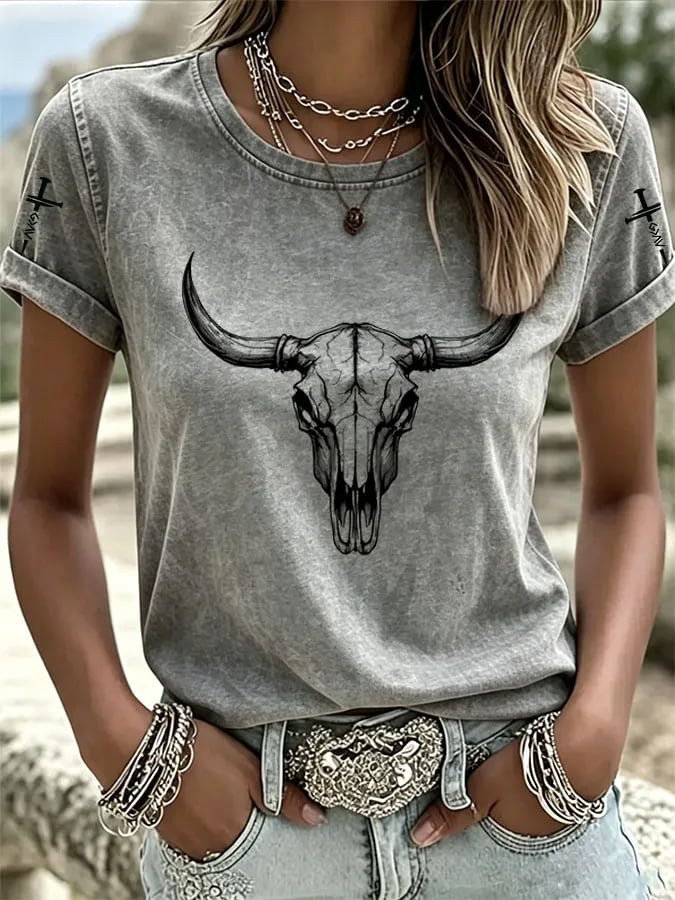 Women'S Western Horse Art Faith Gradient Printed Round Neck T-Shirt