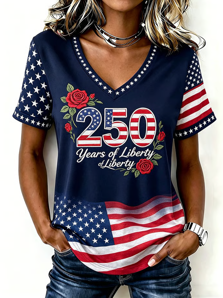 Women's Retro American 250th Anniversary V-neck Short-sleeved T-shirt