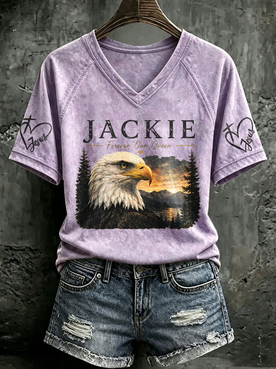 V Neck Retro Jackie Forever Our Queen Print T-Shirt