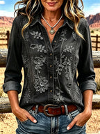 Women'S Western-Style Cowboy Long-Sleeved Floral Top
