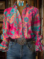 Women's Casual Western Puff Sleeve Patterned Shirt