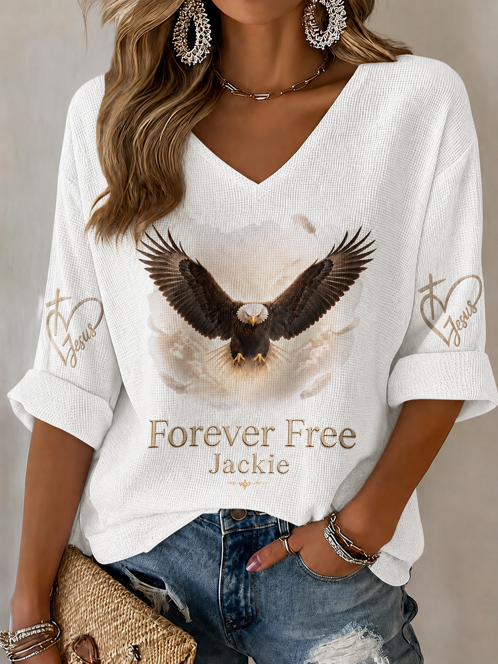 V-Neck Retro Forever Free Jackie Print T-Shirt