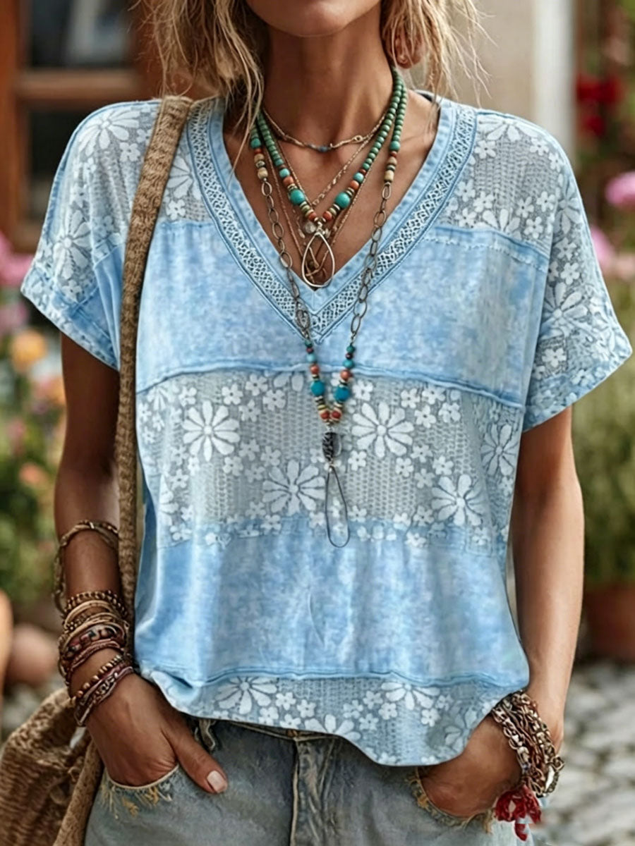 Women'S Casual Short-Sleeve  Floral  Print Cotton-Linen Top