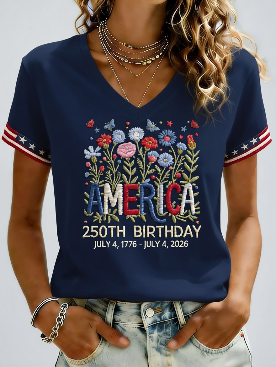 Women's Independence Day 250th Anniversary Printed V-neck T-shirt