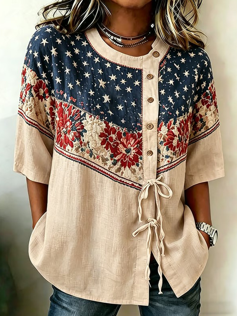 Women's Cotton Linen USA 250th Anniversary Print Shirt