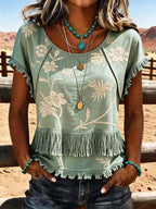 Women'S Casual Tassel Patchwork Printed Top