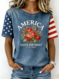 Women's casual round neck Patriot printed T-shirt