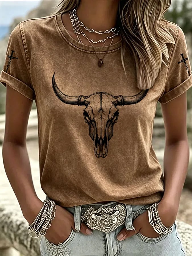 Women'S Western Horse Art Faith Gradient Printed Round Neck T-Shirt