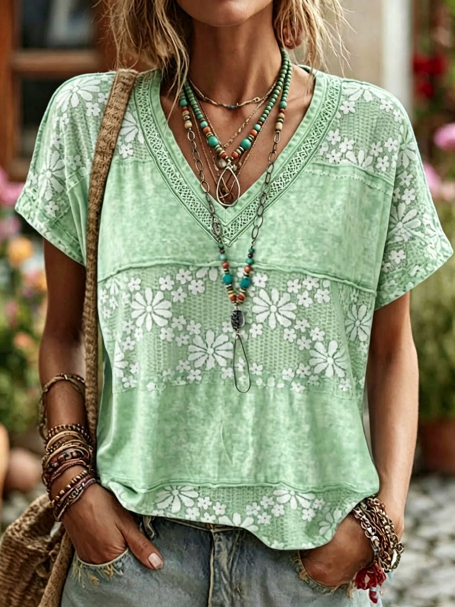 Women'S Casual Short-Sleeve  Floral  Print Cotton-Linen Top