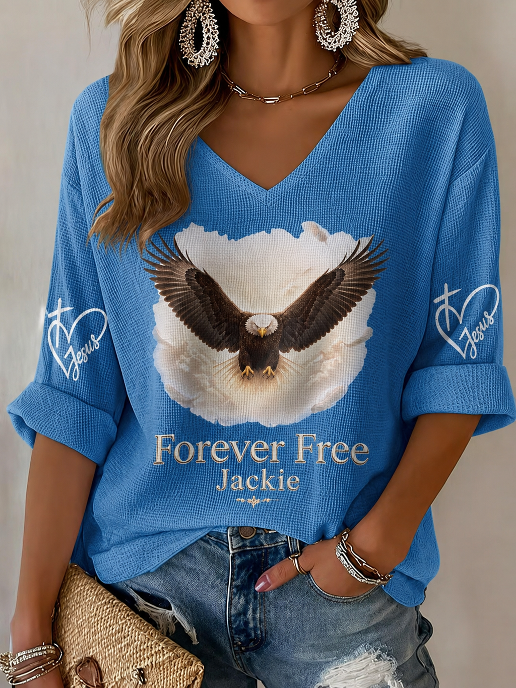 V-Neck Retro Forever Free Jackie Print T-Shirt
