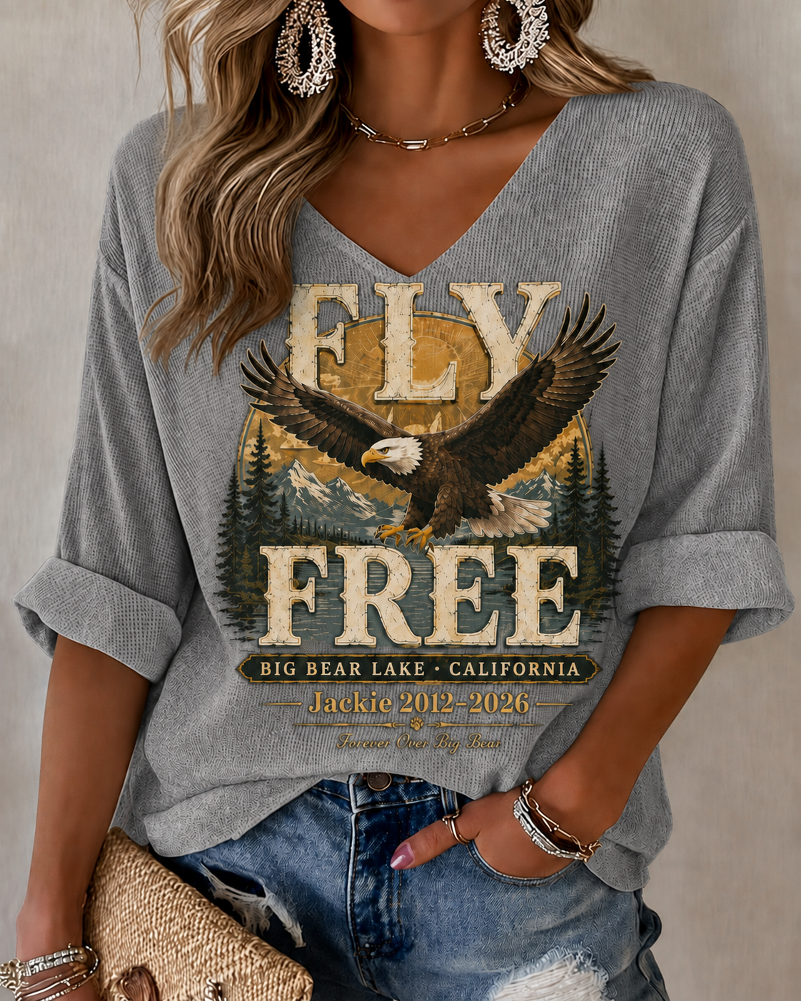 Women'S V-Neck Retro Forever Free Jackie Print T-Shirt