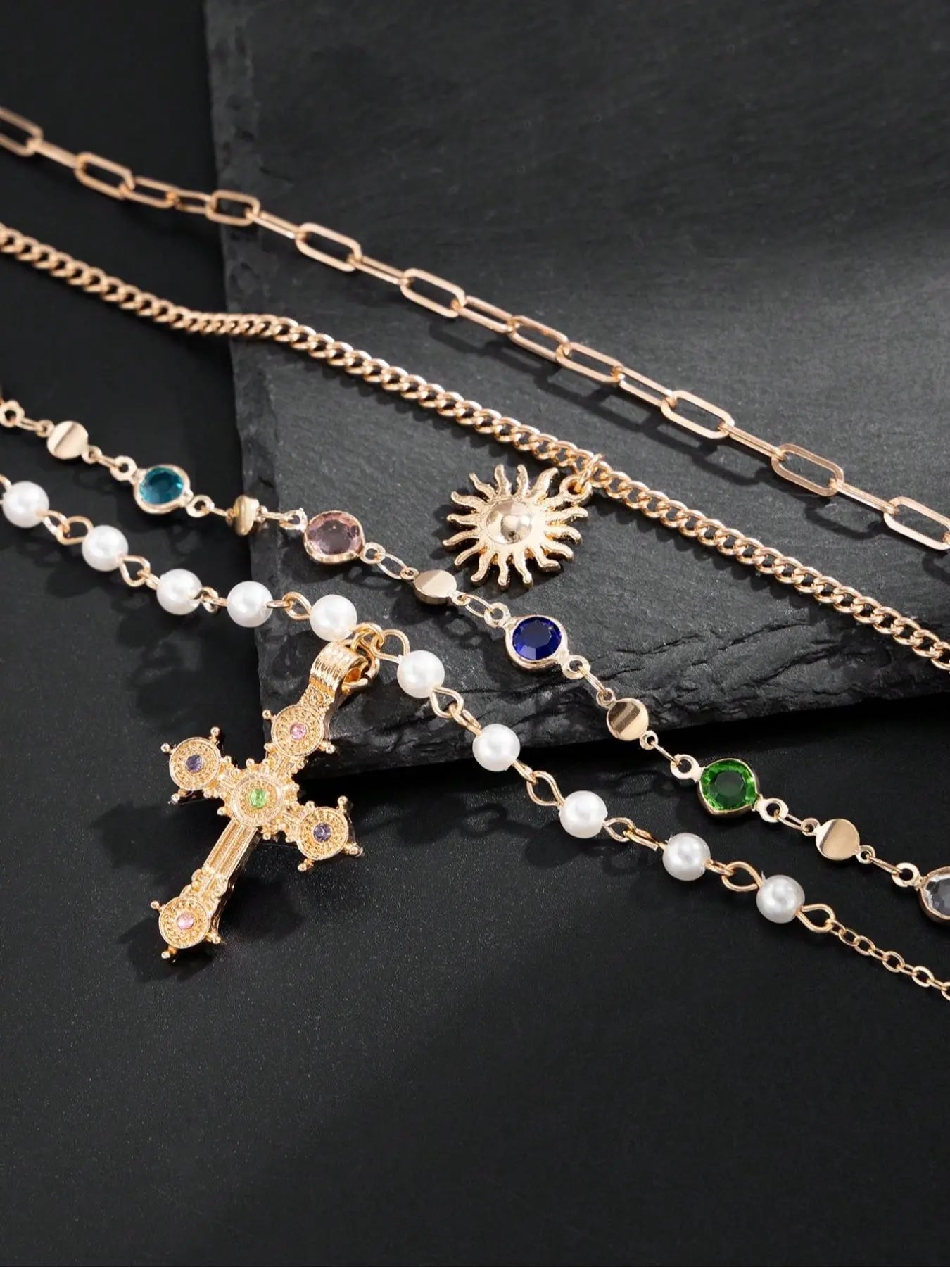 4 Piece Vintage Multi-Color Rhinestone Cross Necklace Set