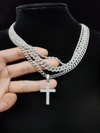 Zircon Inlaid Cross Pendant & Cuban Chain Necklace