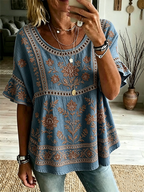 Women's Vintage Floral Print Trim Ruffle Sleeve Peasant Blouse