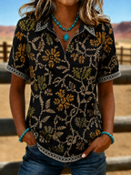 Women'S Geometric Ethnic Print Border V-Neck Western Style Short Sleeved Casual Top