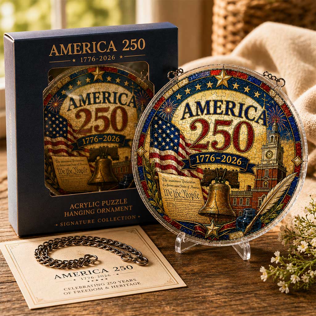 America 250 Acrylic Puzzle Ornament â€?1776â€?026 Patriotic Hanging Decoration with Eagle, Liberty Bell & Floral Independence Design