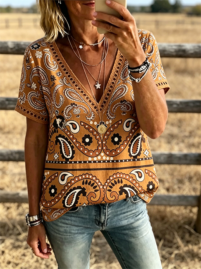 Women's Paisley Print V Neck Trim Short Sleeve Boho Western Shirt
