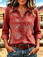 Women'S Western-Style Cowboy Long-Sleeved Floral Top
