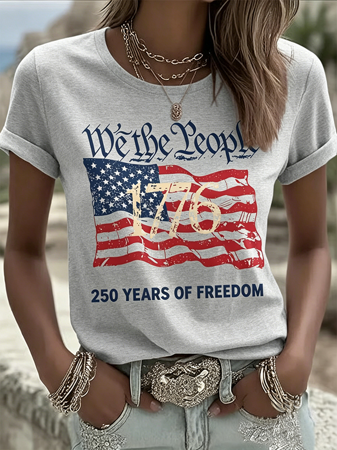 Ladies' Casual American 1776-2026 Anniversary Celebration Print Round Neck T-Shirt