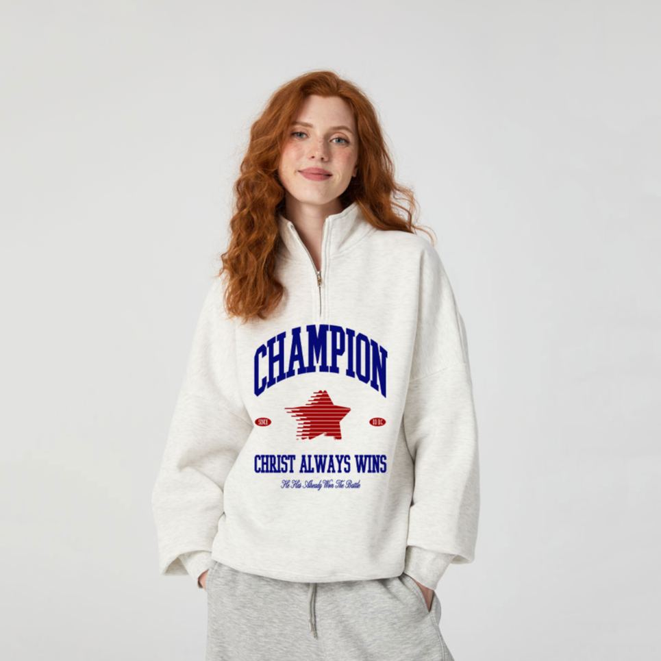 Jesus Christ Always Win Christian Half Zip Fleece Sweatshirt