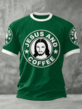 Men's Jesus And Coffee Print Casual Tee